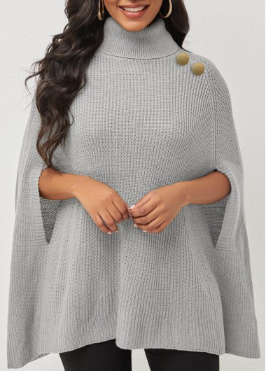 Grey tops,Plain Color tops,ROTITA 3/4 Sleeve Turtleneck Solid Sweater Cape