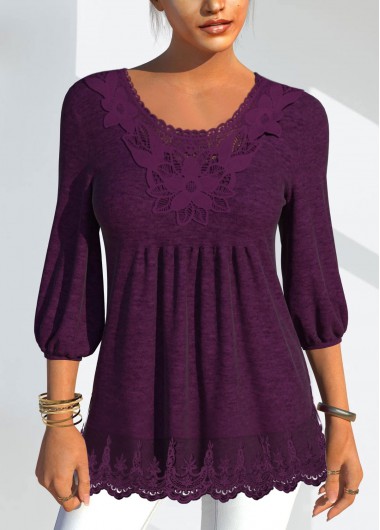 Purple tops,Plain Color tops,ROTITA Lantern Sleeve Lace Stitching Solid T Shirt