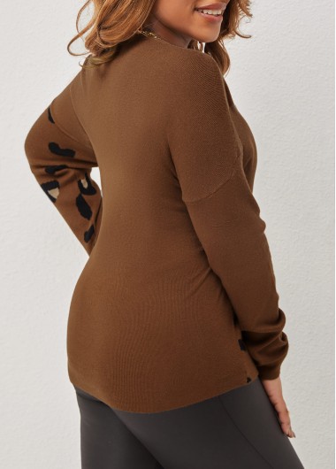 Dark Camel tops,Animal Print tops,ROTITA Brown Leopard Tie Front V Neck Sweater
