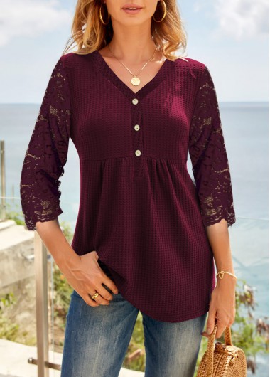 Purple tops,Plain Color tops,ROTITA Lace Stitching Waffle Knit V Neck T Shirt