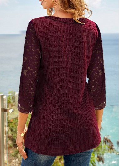 Purple tops,Plain Color tops,ROTITA Lace Stitching Waffle Knit V Neck T Shirt