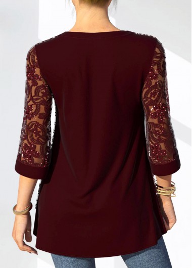 Wine Red tops,Plain Color tops,ROTITA Solid Lace Patchwork 3/4 Sleeve Split Neck Blouse