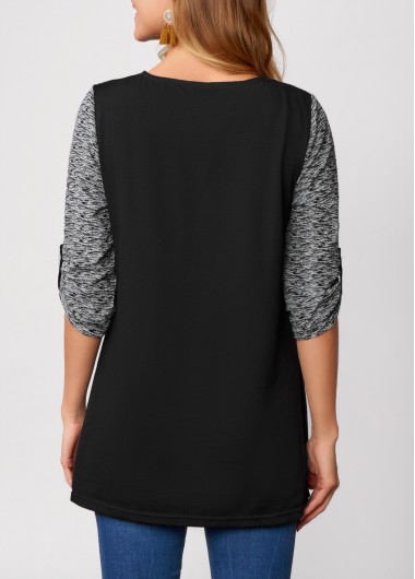 Black tops,Contrast Color tops,ROTITA Pocket Asymmetric Hem Round Neck Black T Shirt