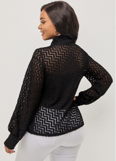 Black tops,Plain Color tops,ROTITA Pierced Black Tie Front Lantern Sleeve Blouse