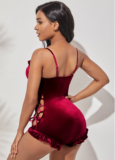 Red swimwear,Plain Color swimwear,ROTITA Lace Up Spaghetti Strap Flounce Red One Piece Swimwear