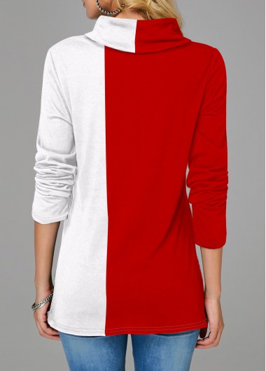 Multi Color tops,Christmas tops,ROTITA Color Block Christmas Santa Claus Print Cowl Neck Sweatshirt