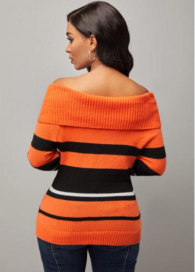 Orange tops,Striped tops,ROTITA Orange Striped Off Shoulder Long Sleeve Sweater