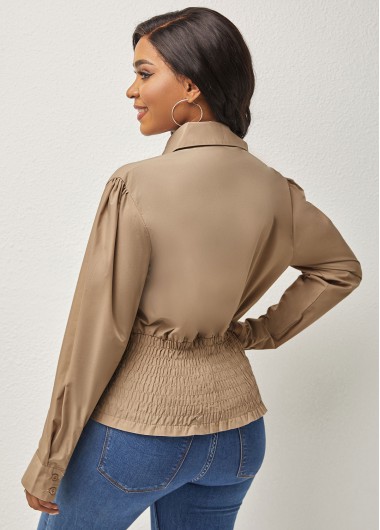 Plain Color tops,Smocked Light Khaki Lace Up Turndown Collar Blouse