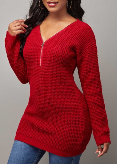 Red tops,Plain Color tops,ROTITA Zipper Detail Red V Neck Long Sleeve Sweater