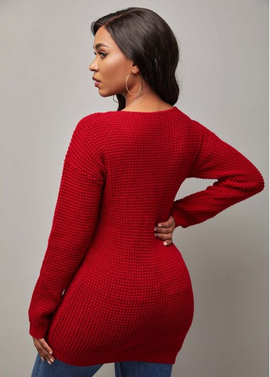 Red tops,Plain Color tops,ROTITA Zipper Detail Red V Neck Long Sleeve Sweater