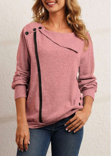 Pink tops,Contrast Color tops,Pink Decorative Button Long Sleeve Sweatshirt
