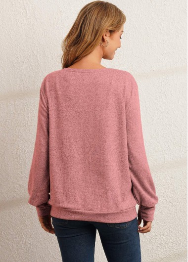 Pink tops,Contrast Color tops,Pink Decorative Button Long Sleeve Sweatshirt
