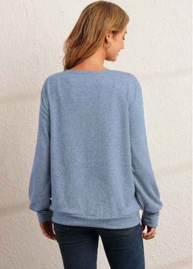 Blue tops,Contrast Color tops,Blue Decorative Button Long Sleeve Sweatshirt