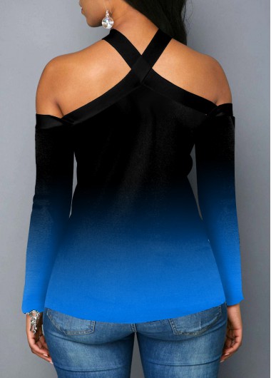 Blue tops,Christmas tops,ROTITA Christmas Tree Print Blue Cold Shoulder T Shirt