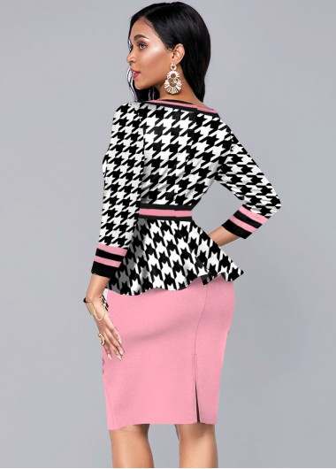 Pink dresses,Houndstooth dresses,ROTITA Pink Houndstooth Print Peplum Waist Dress
