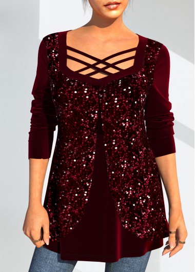 ROTITA Christmas Design Velvet Stitching Wine Red Sequin T Shirt ...