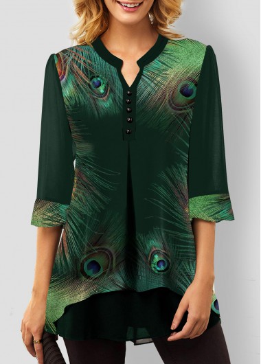 Green tops,Tribal tops,ROTITA Green Peacock Feathers Print Split Neck Blouse