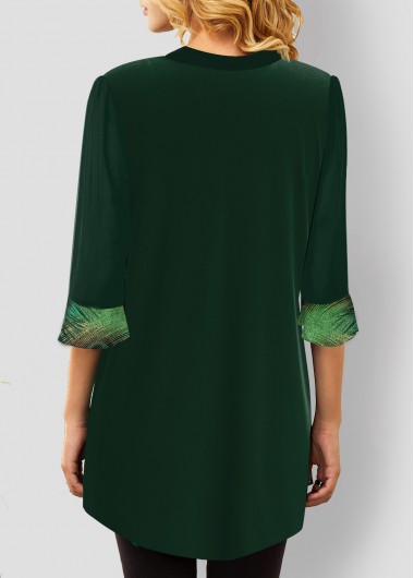 Green tops,Tribal tops,ROTITA Green Peacock Feathers Print Split Neck Blouse