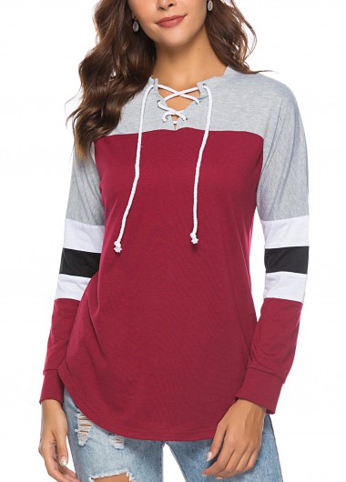 Wine Red tops,Contrast Color tops,ROTITA Wine Red Lace Up Contrast Long Sleeve T Shirt