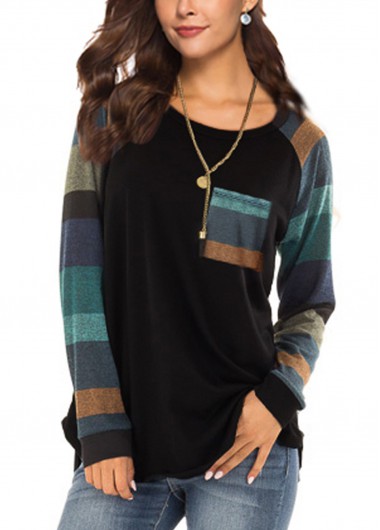 Black tops,Striped tops,ROTITA Pocket Striped Long Sleeve Black T Shirt