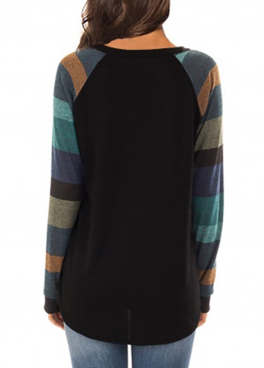 Black tops,Striped tops,ROTITA Pocket Striped Long Sleeve Black T Shirt