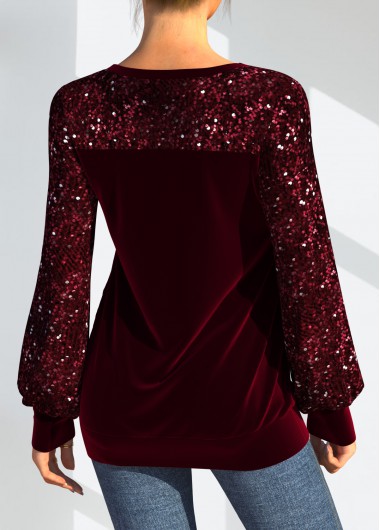 Wine Red tops,Plain Color tops,ROTITA Sequin Wine Red Cutout Detail Lantern Sleeve Sweatshirt