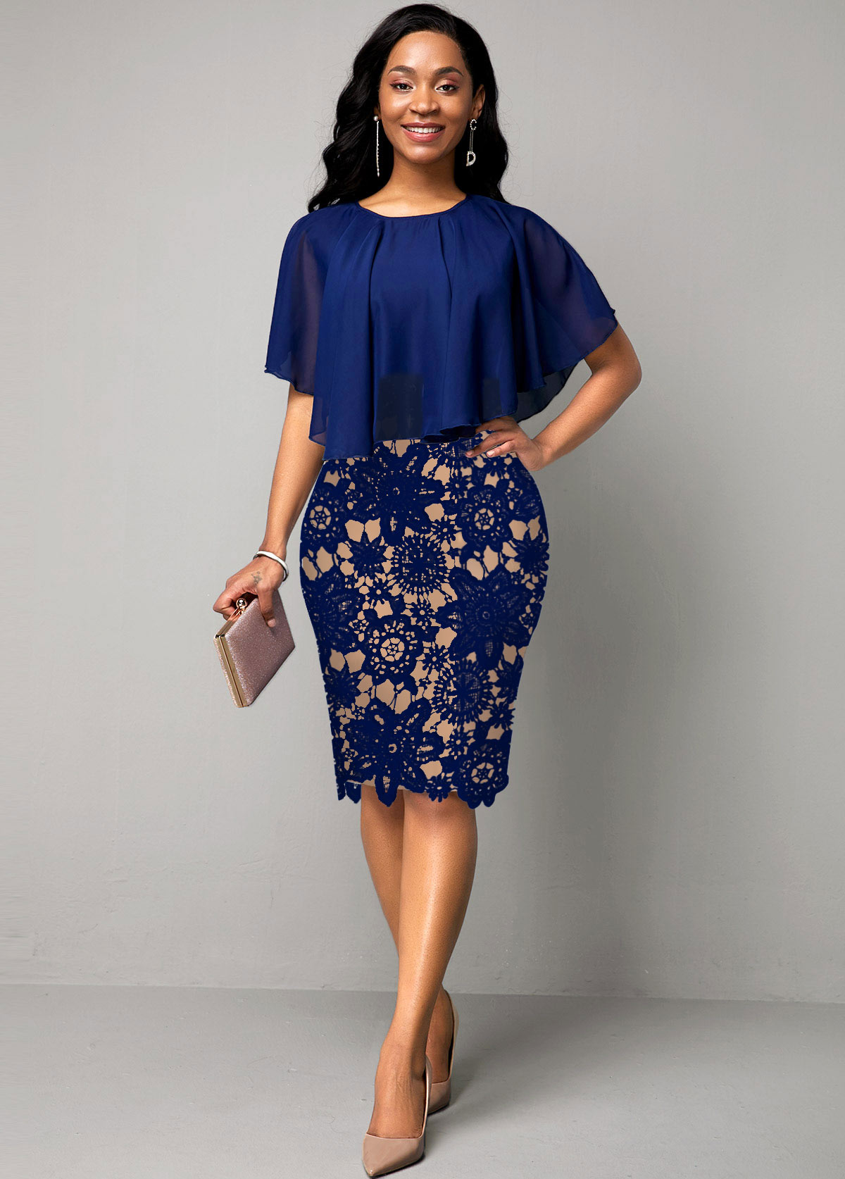 ROTITA Cape Sleeve Lace Panel Navy Blue Dress