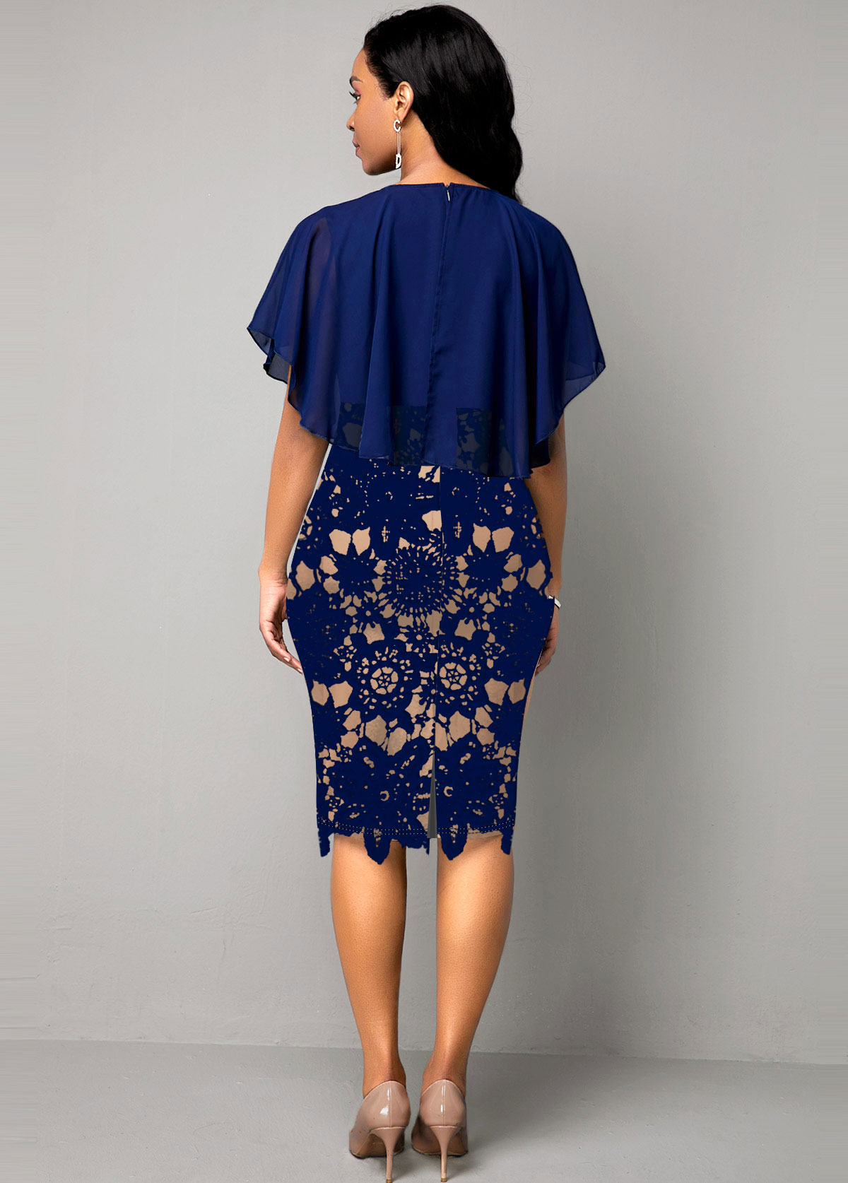 Navy dresses,Contrast Color dresses,ROTITA Cape Sleeve Lace Panel Navy Blue Dress