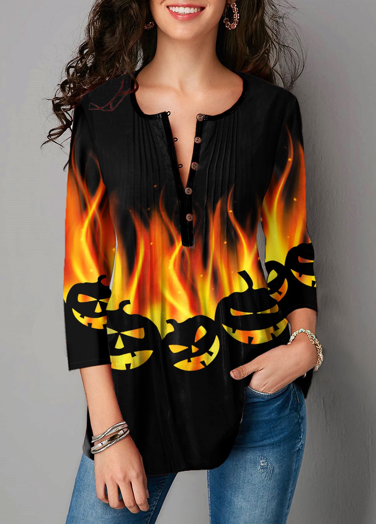 Orange tops,Halloween tops,ROTITA Halloween Print Three Quarter Sleeve Blouse
