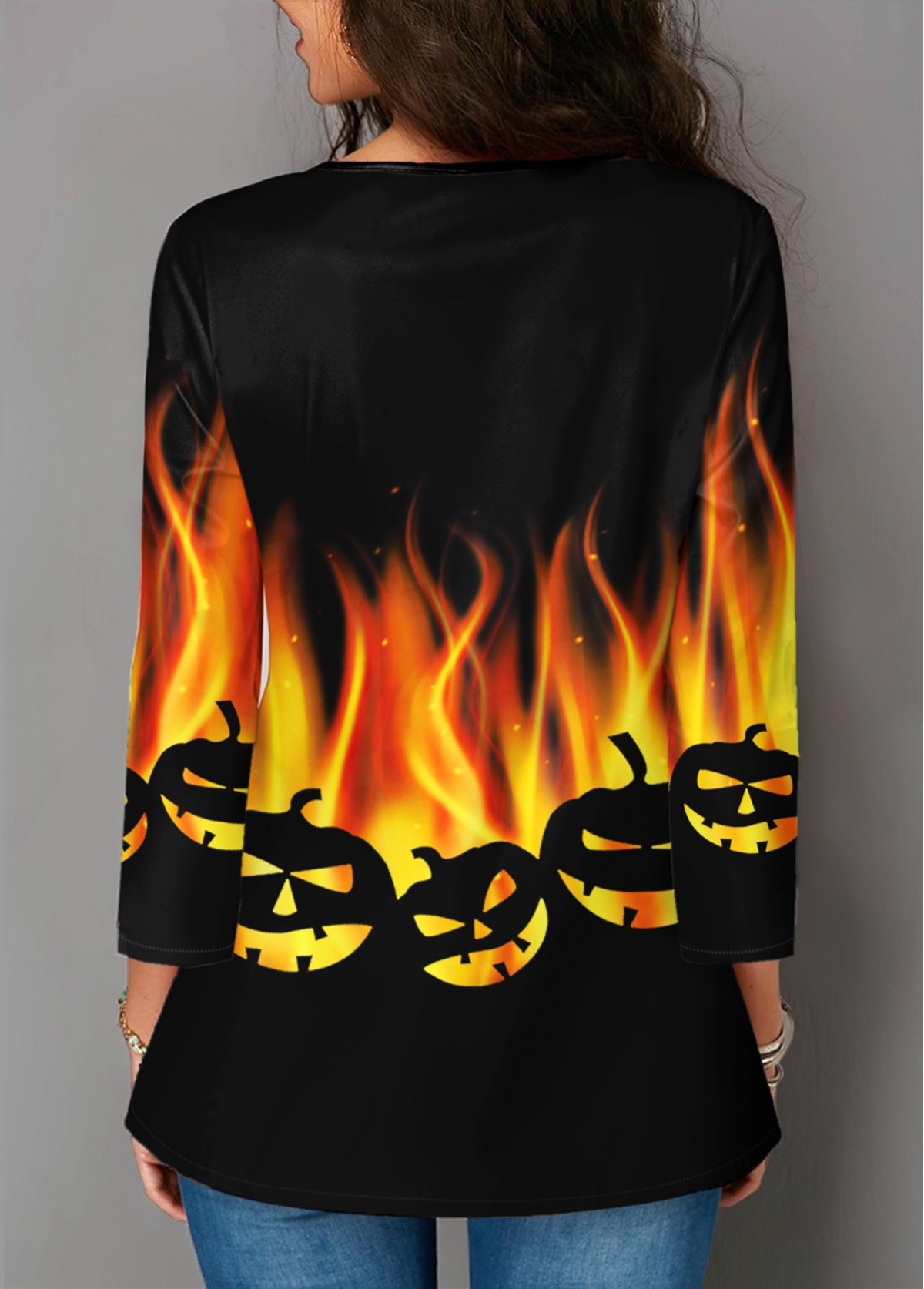Orange tops,Halloween tops,ROTITA Halloween Print Three Quarter Sleeve Blouse