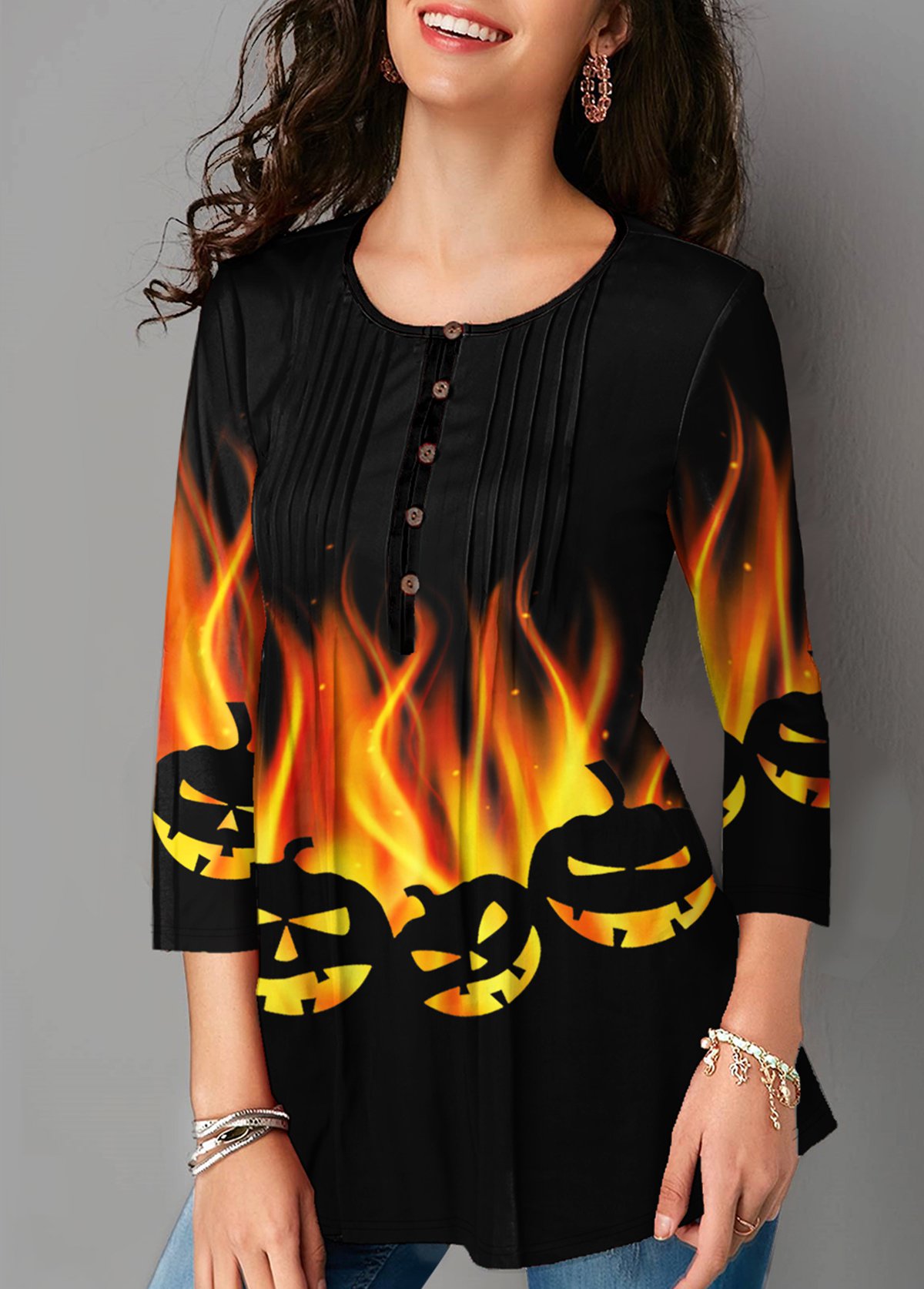 Orange tops,Halloween tops,ROTITA Halloween Print Three Quarter Sleeve Blouse