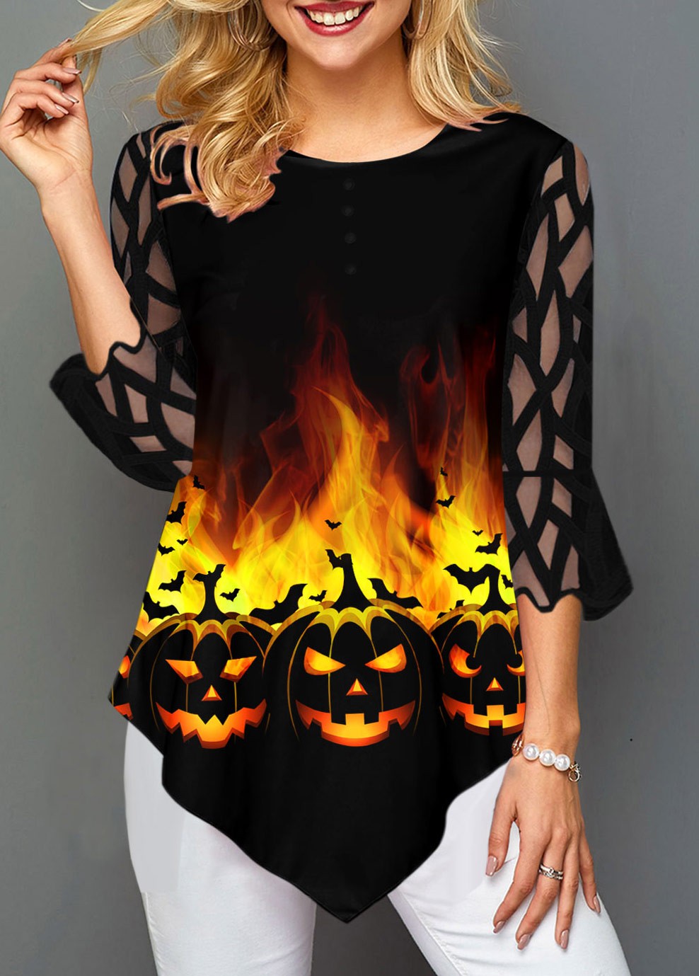 ROTITA Asymmetric Hem Mesh Panel Halloween Print T Shirt