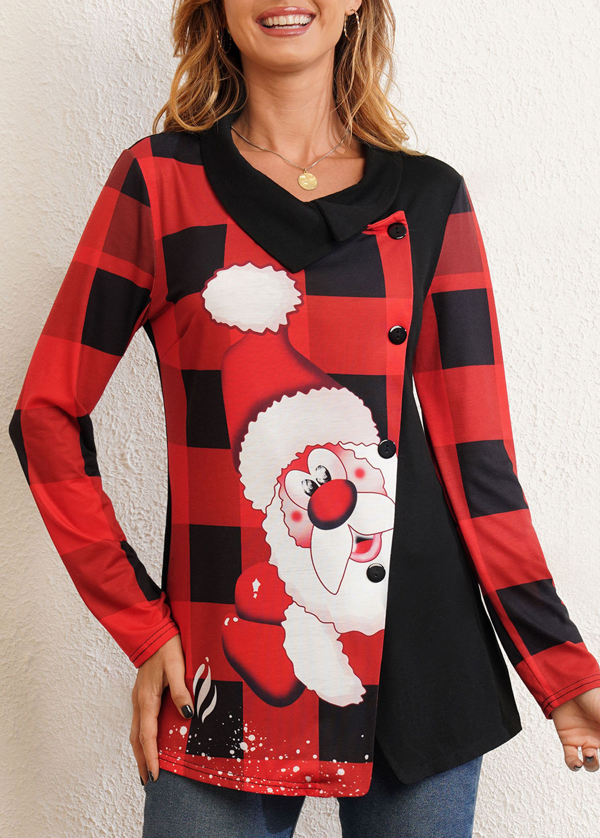 Multi Color tops,Christmas tops,ROTITA Decorative Button Long Sleeve Christmas Print T Shirt