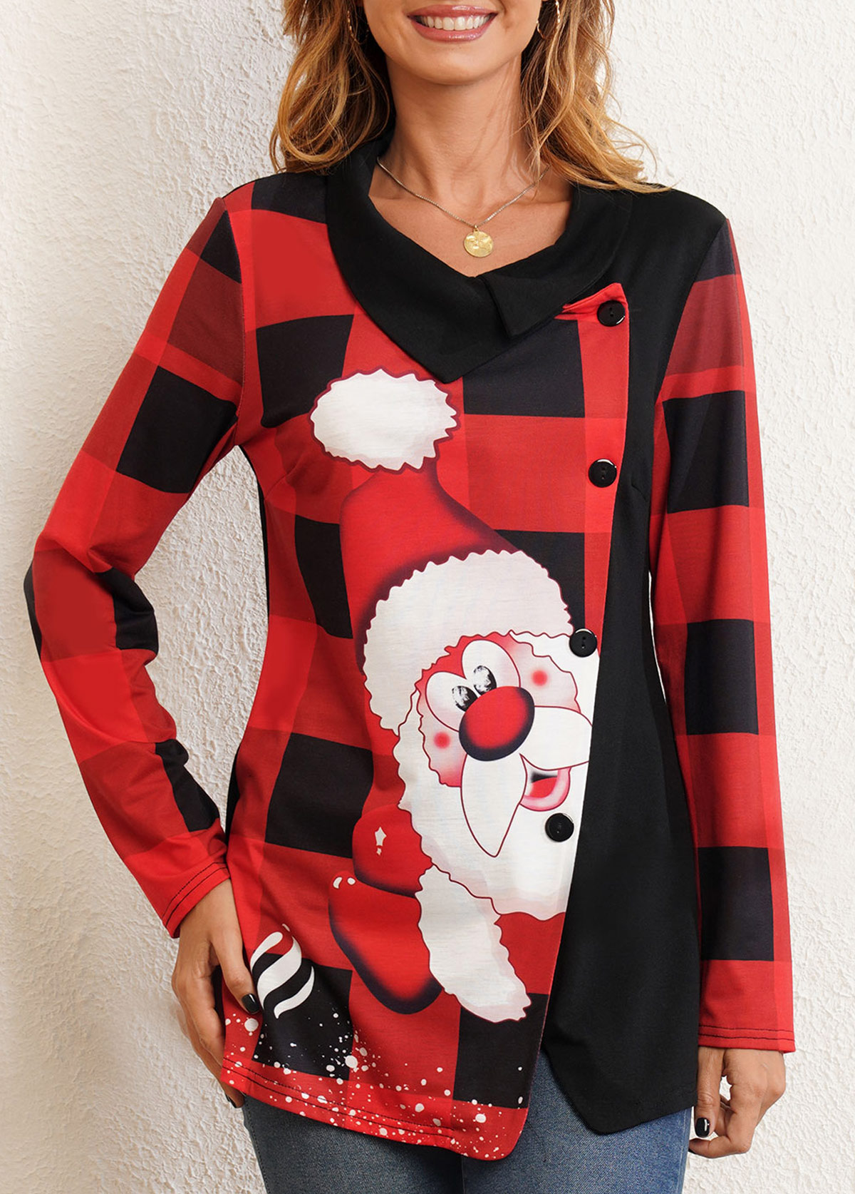 Multi Color tops,Christmas tops,ROTITA Decorative Button Long Sleeve Christmas Print T Shirt