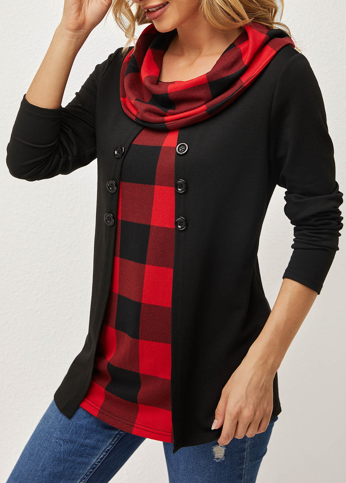 Black tops,Plaid tops,ROTITA Cowl Neck Long Black Sleeve Plaid Sweatshirt