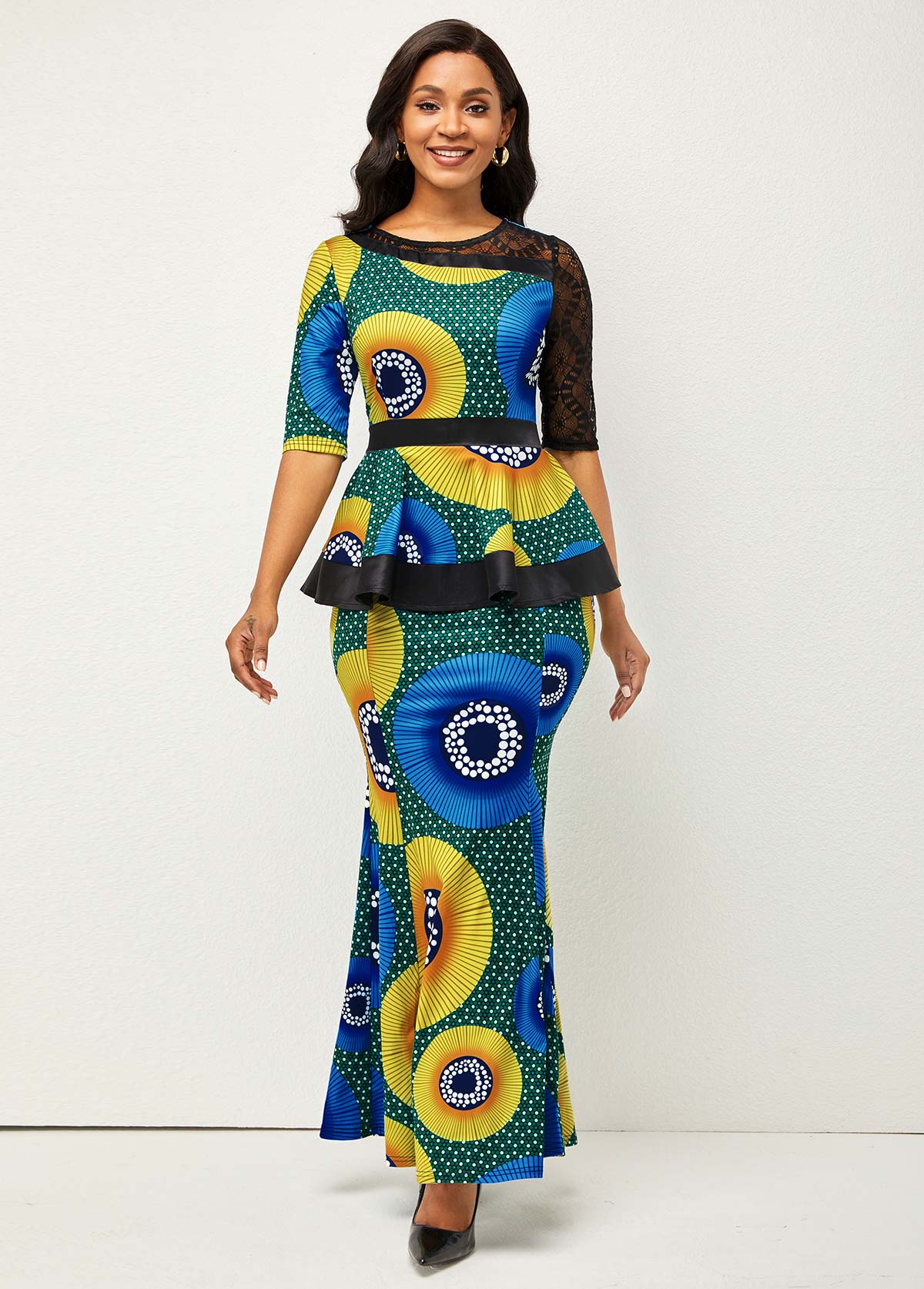 ROTITA Multi Color Peplum Waist Tribal Print Mermaid Dress