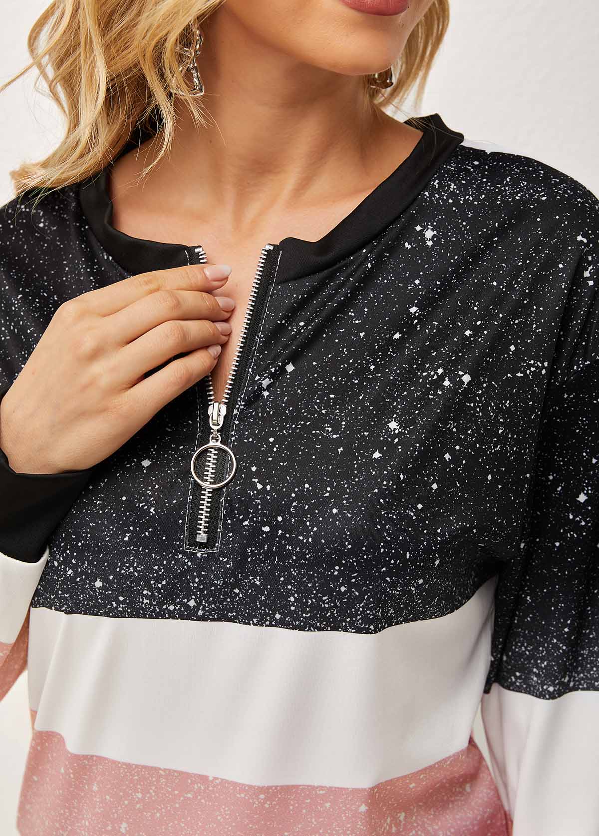 Black tops,Contrast Color tops,Long Sleeve Contrast Quarter Zip T Shirt