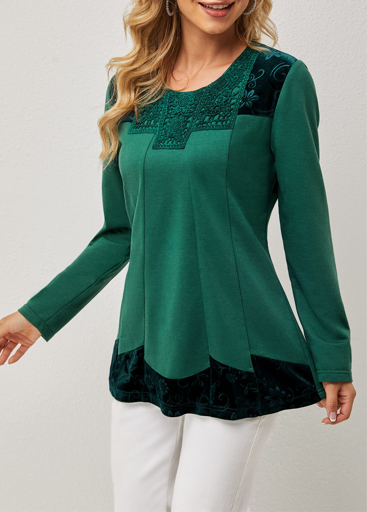 Blackish Green tops,Plain Color tops,ROTITA Lace Patchwork Round Neck Long Sleeve T Shirt