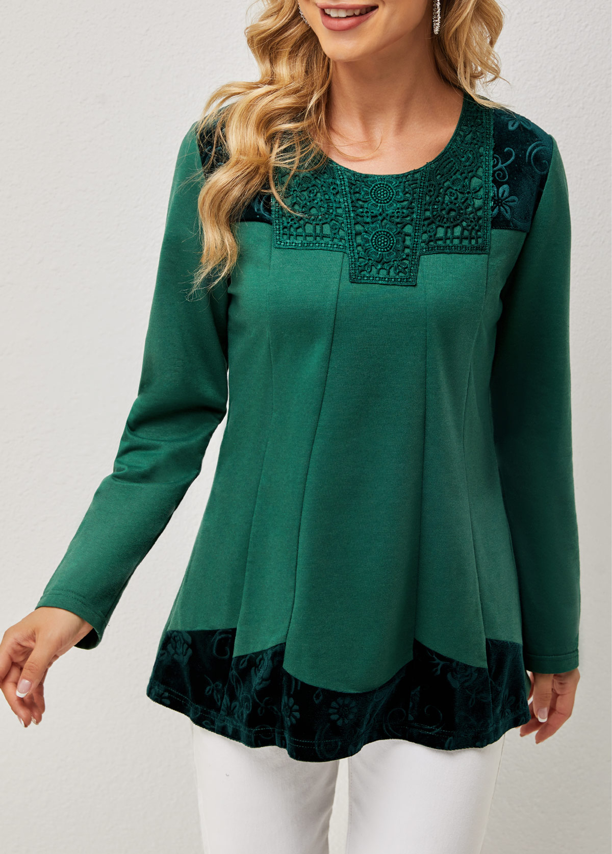 Blackish Green tops,Plain Color tops,ROTITA Lace Patchwork Round Neck Long Sleeve T Shirt