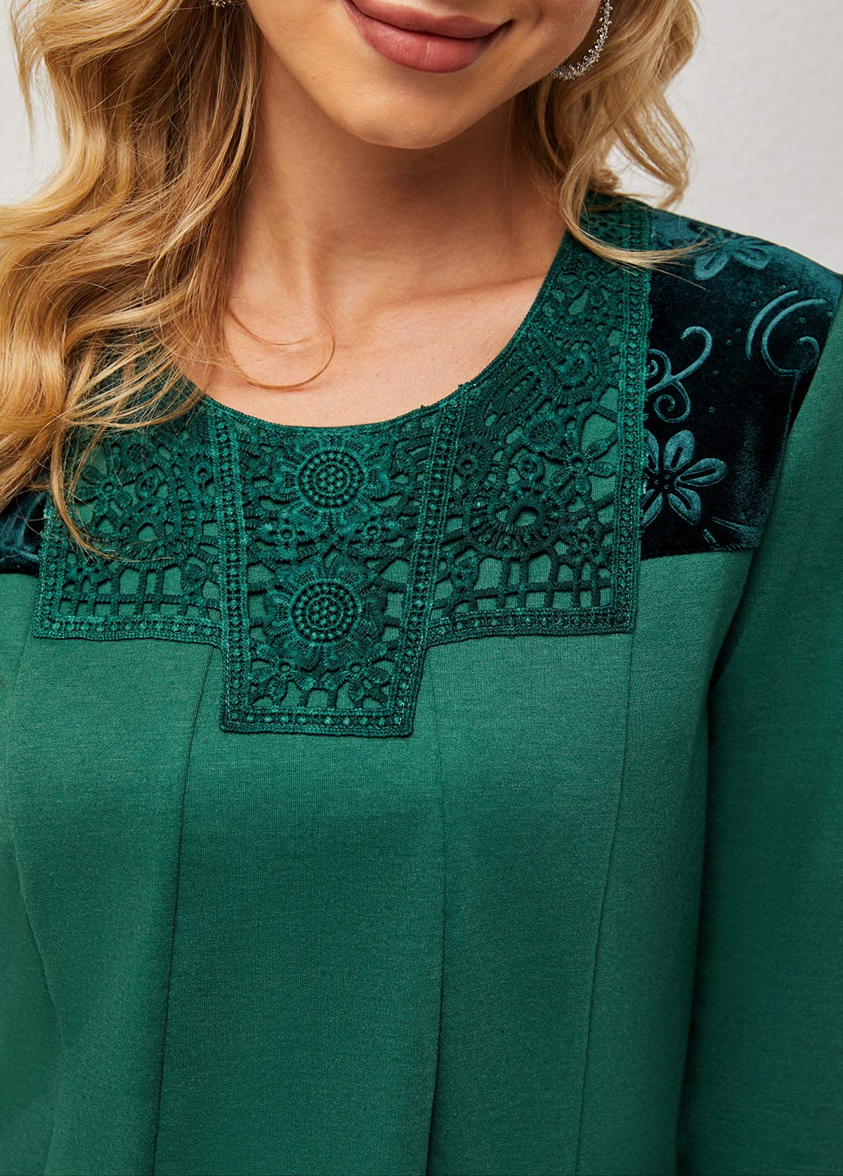 Blackish Green tops,Plain Color tops,ROTITA Lace Patchwork Round Neck Long Sleeve T Shirt