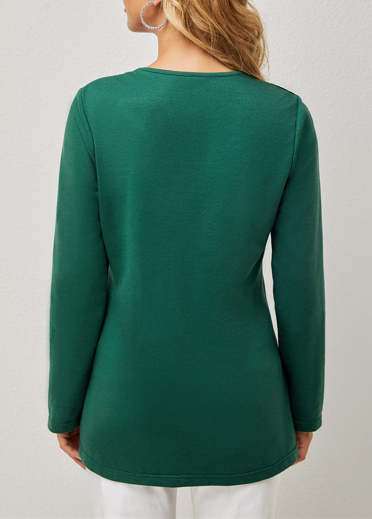 Blackish Green tops,Plain Color tops,ROTITA Lace Patchwork Round Neck Long Sleeve T Shirt