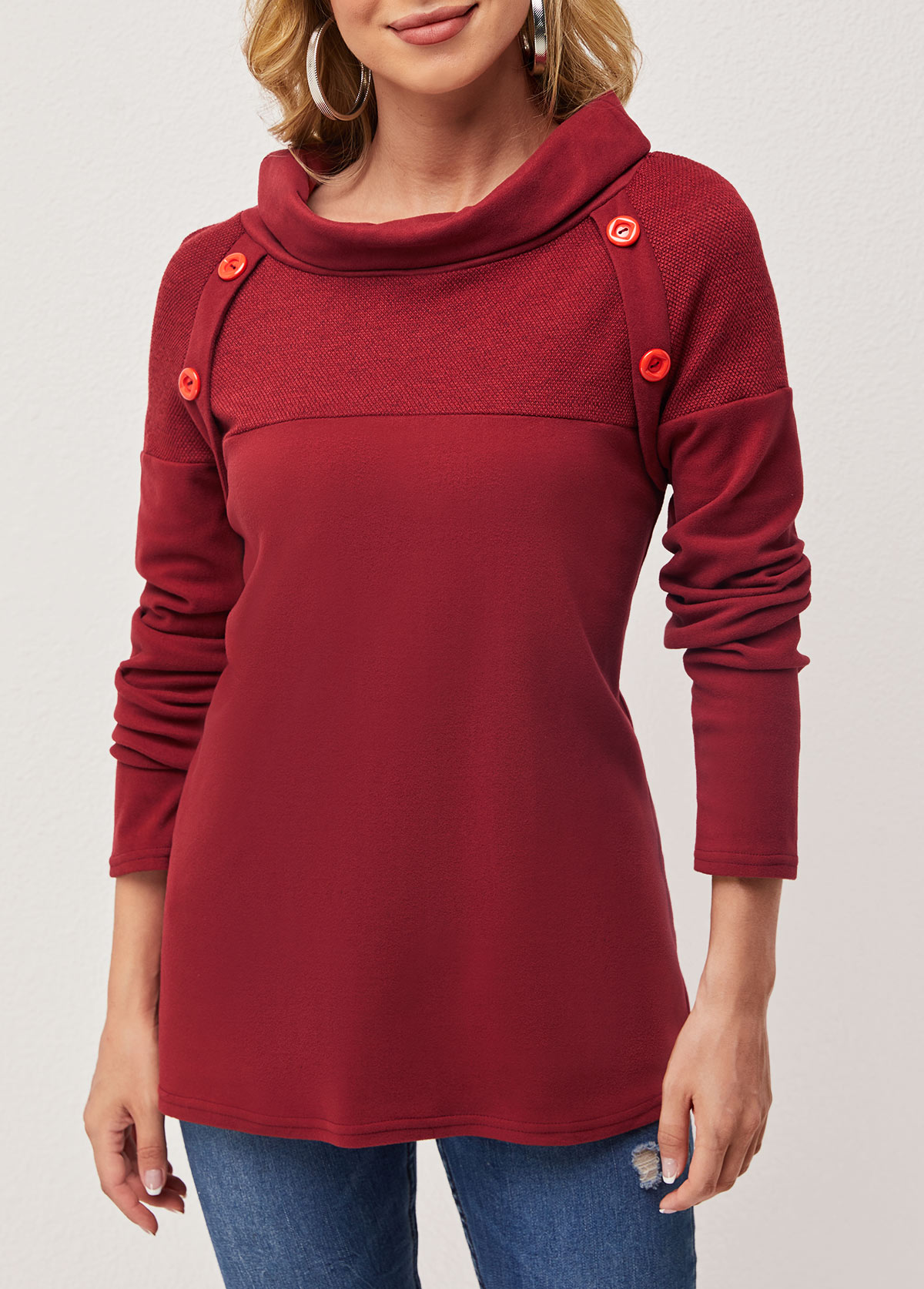 Wine Red tops,Plain Color tops,ROTITA Decorative Button Wine Red Cowl Neck T Shirt