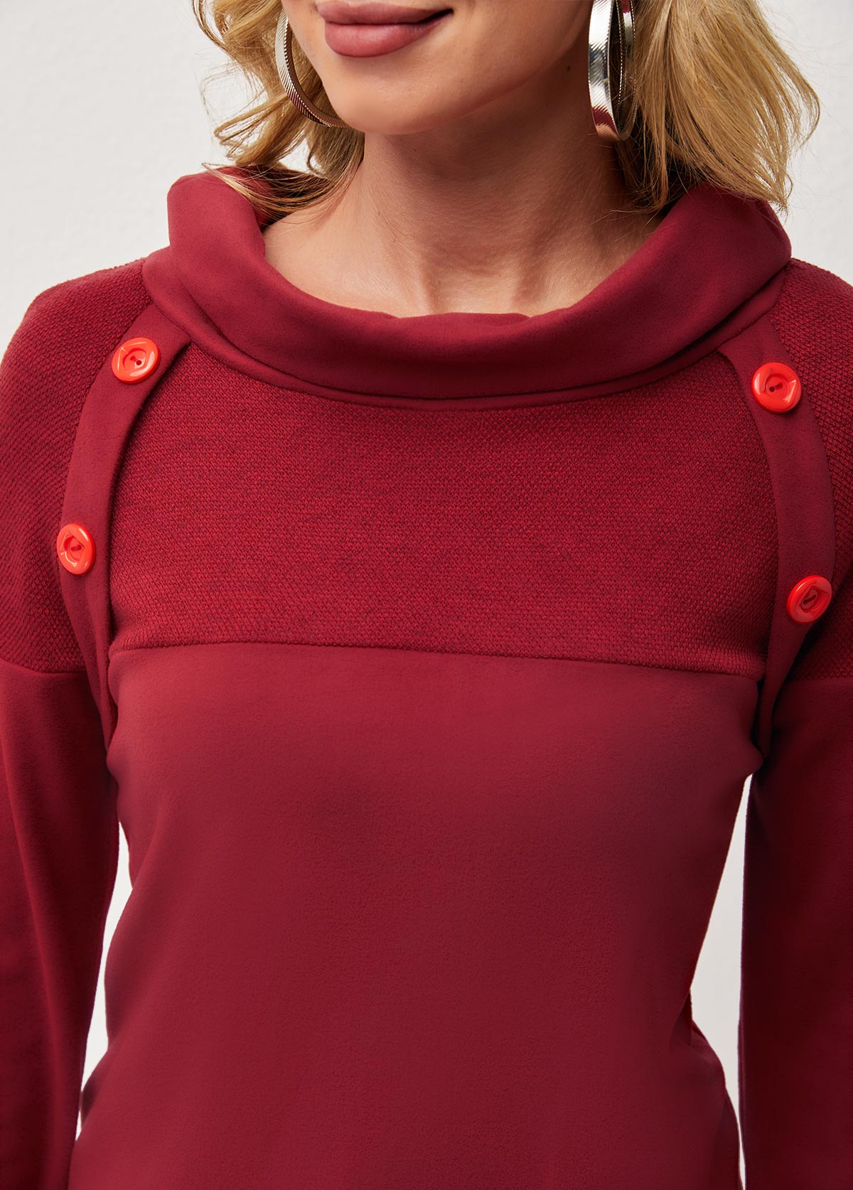 Wine Red tops,Plain Color tops,ROTITA Decorative Button Wine Red Cowl Neck T Shirt