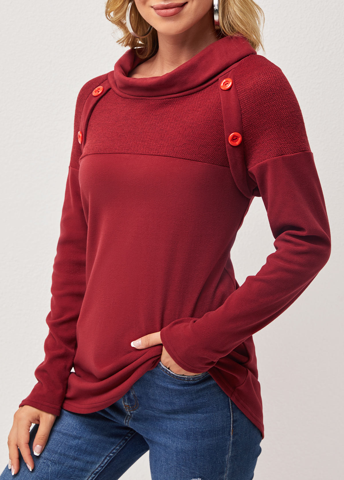 Wine Red tops,Plain Color tops,ROTITA Decorative Button Wine Red Cowl Neck T Shirt