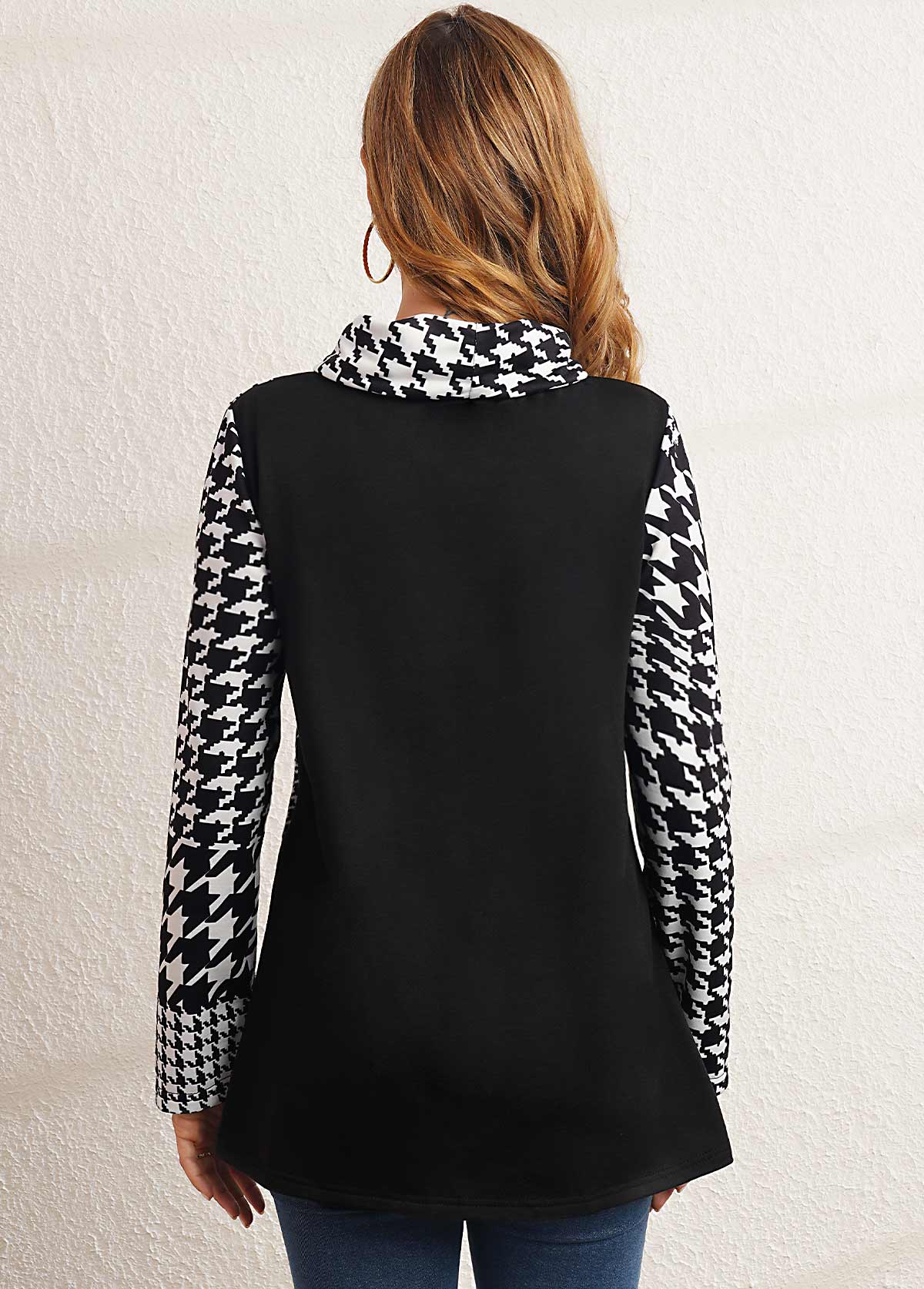 Black tops,Houndstooth tops,ROTITA Black Houndstooth Print Cowl Neck Sweatshirt
