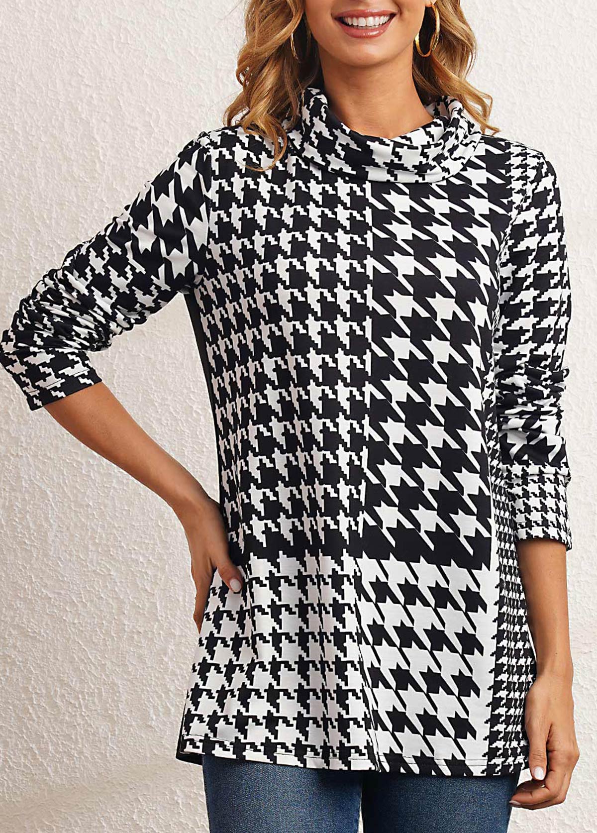 Black tops,Houndstooth tops,ROTITA Black Houndstooth Print Cowl Neck Sweatshirt