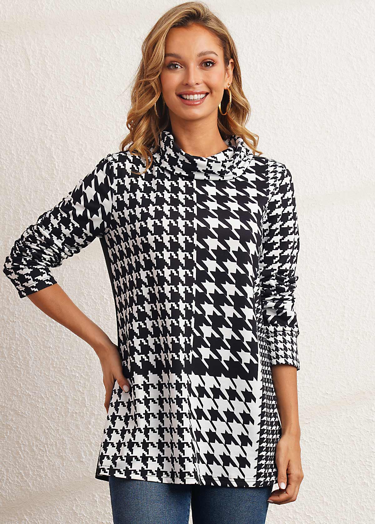 Black tops,Houndstooth tops,ROTITA Black Houndstooth Print Cowl Neck Sweatshirt