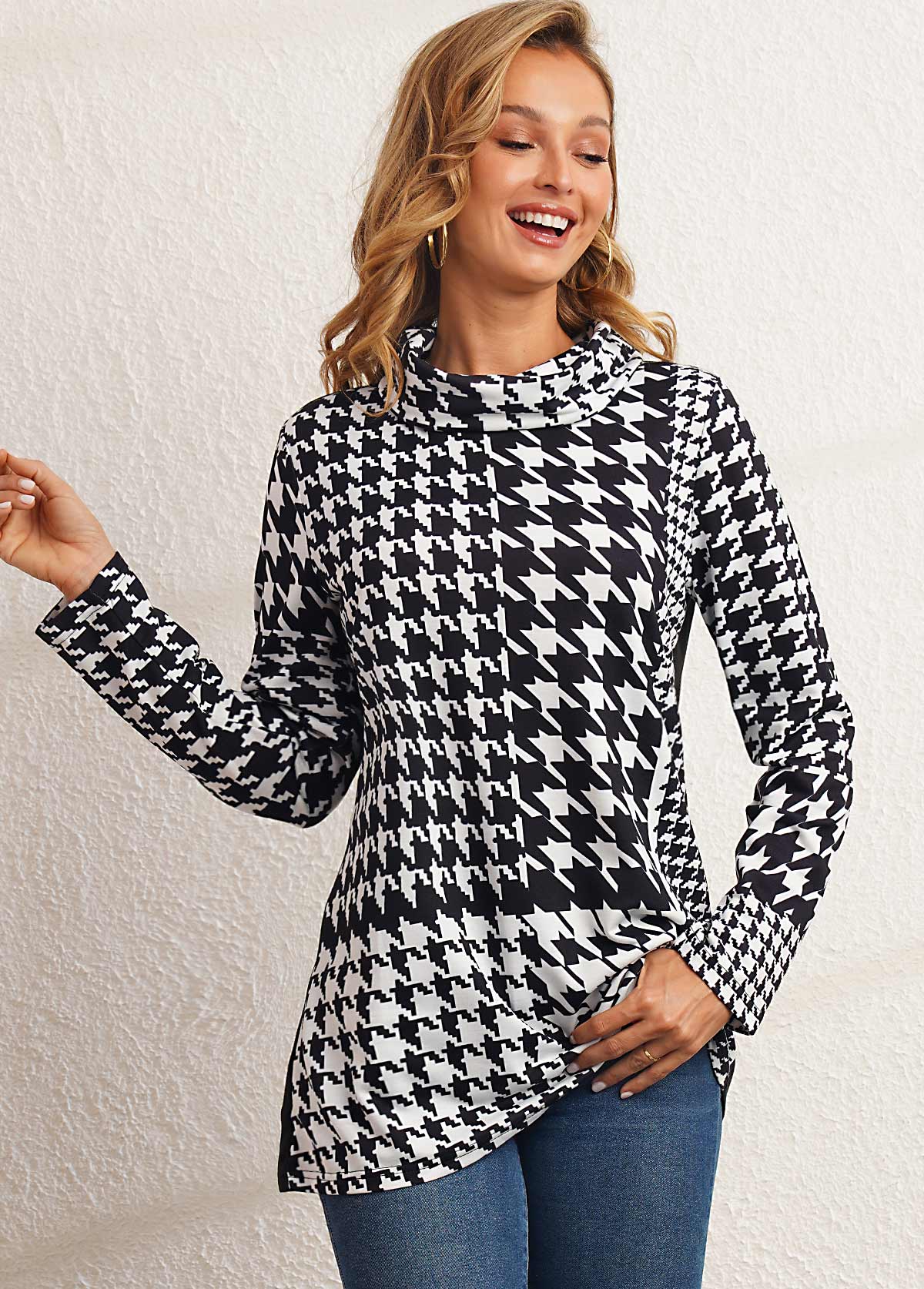 Black tops,Houndstooth tops,ROTITA Black Houndstooth Print Cowl Neck Sweatshirt