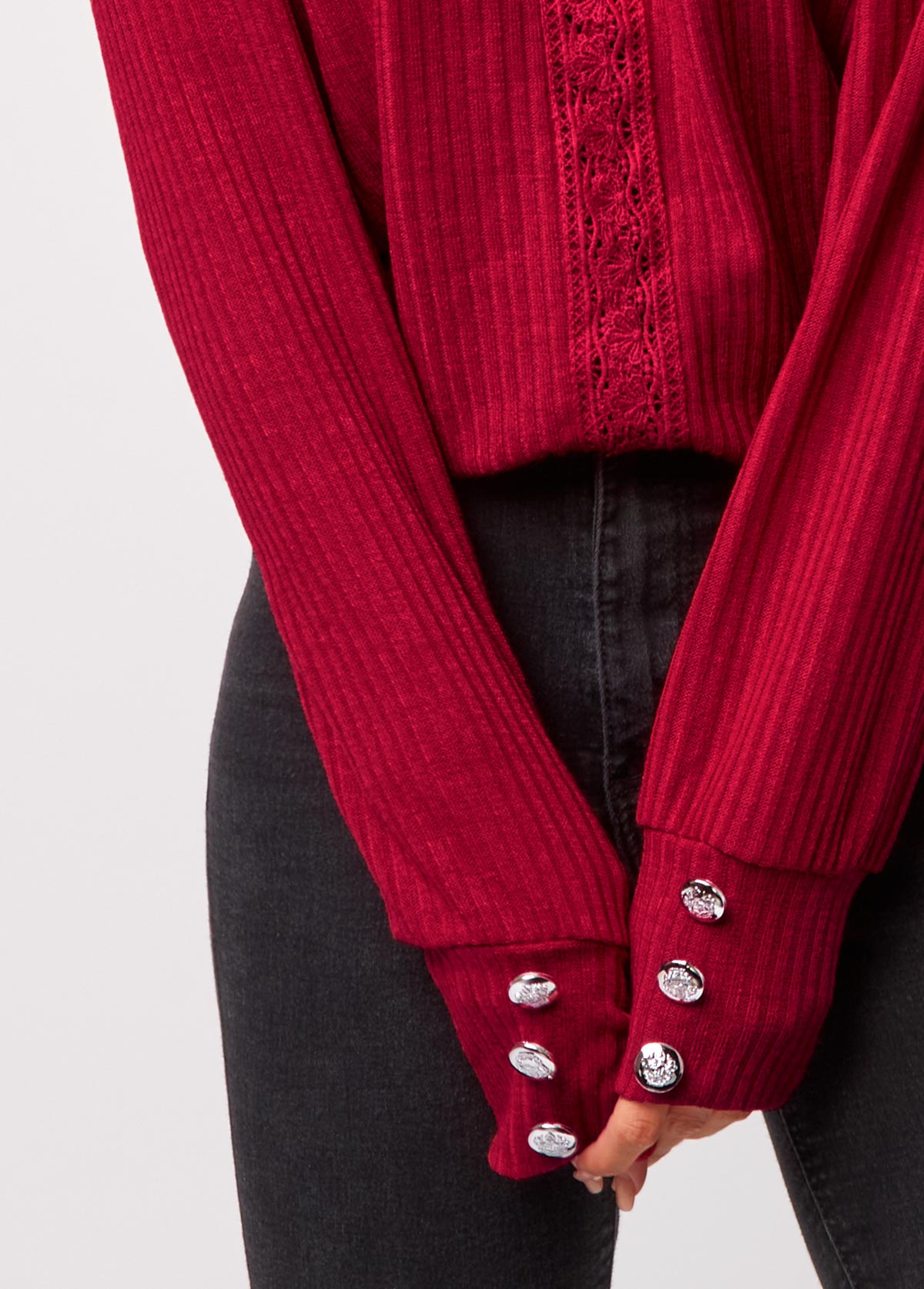 Red tops,Plain Color tops,Lace Stitching V Neck Red T Shirt