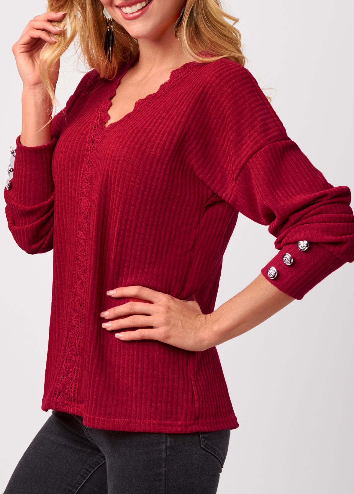 Red tops,Plain Color tops,Lace Stitching V Neck Red T Shirt